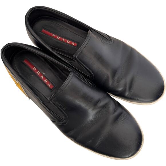 Prada Linea Rossa Black Leather Slip-On Sneakers w/ Yellow Arrow Italy 7.5 main image 11